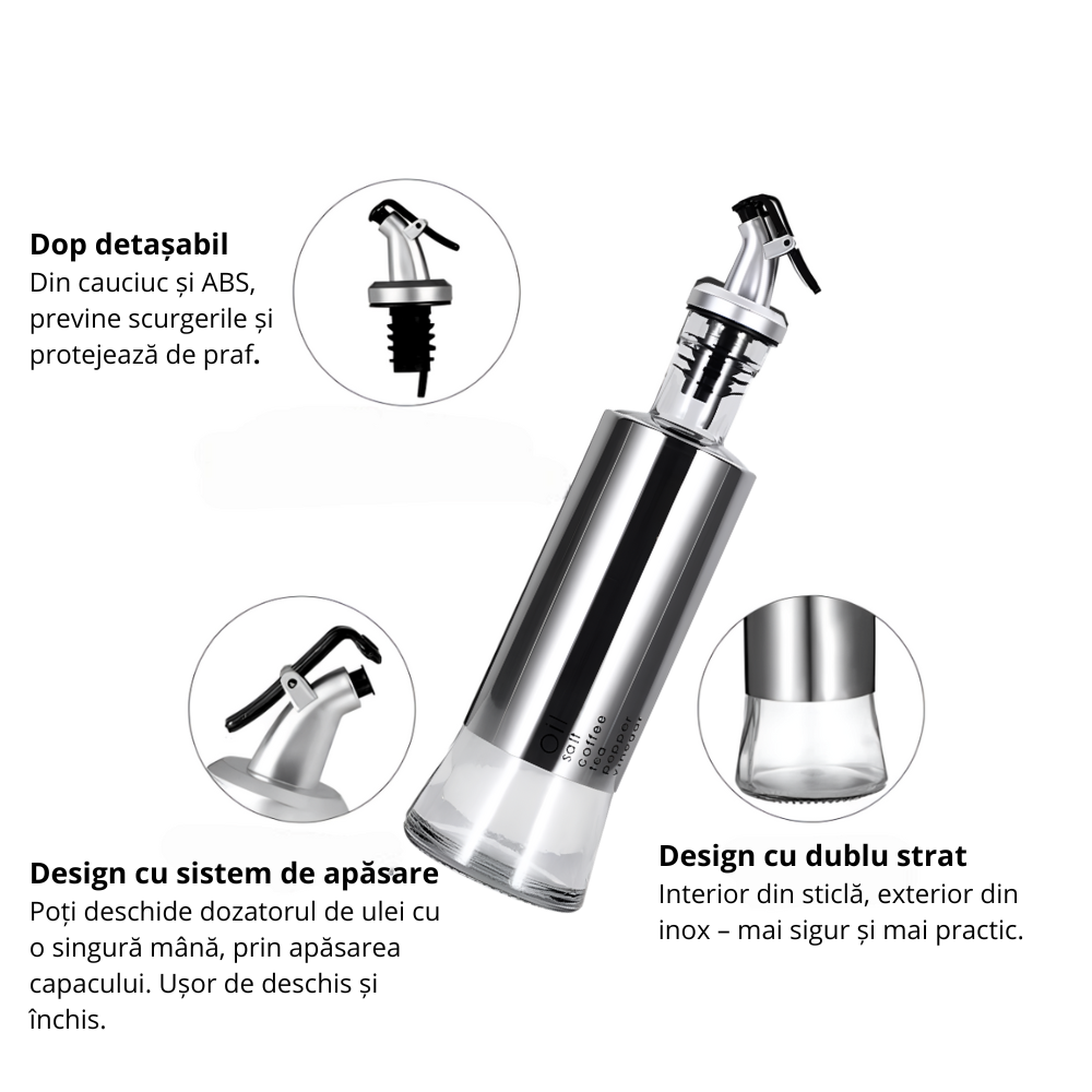 Set 2 Oliviere Koken din Inox si Sticla, 350 ml, pentru Ulei, Sos de Soia, Oțet, Argintiu