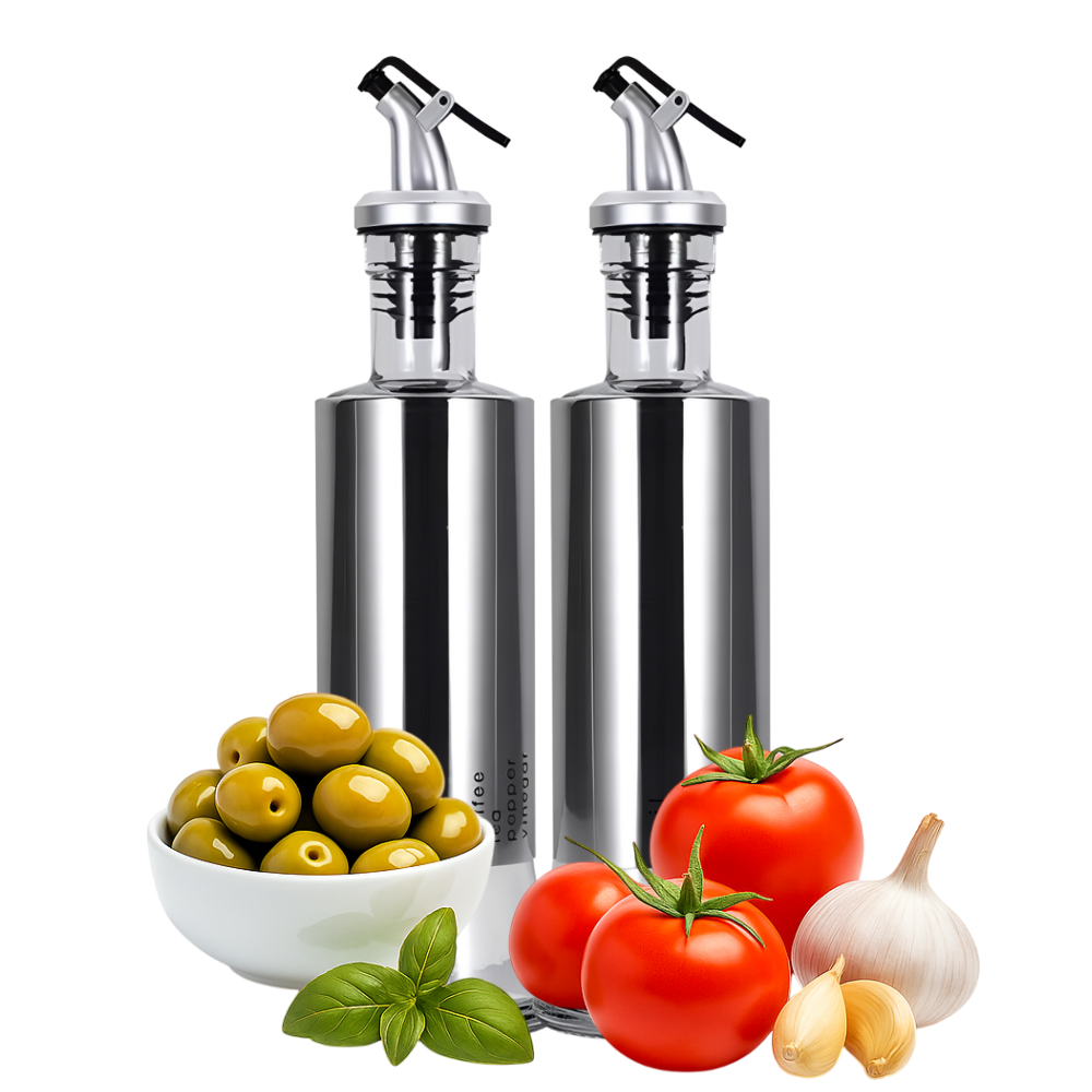Set 2 Oliviere Koken din Inox si Sticla, 350 ml, pentru Ulei, Sos de Soia, Oțet, Argintiu