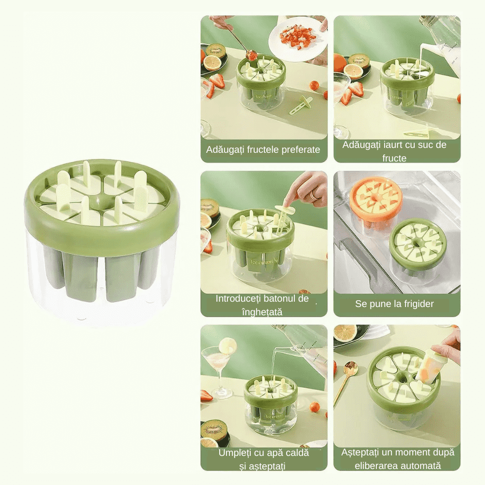 Formă pentru Înghețată Koken, Matrita cu 8 compartimente din Plastic Ecologic, Verde, 11x13 cm