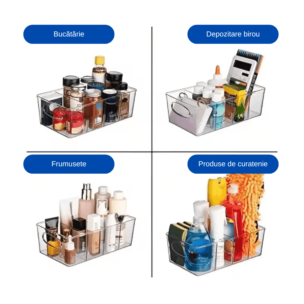 Cutie de depozitare Koken cu divizoare detașabile, pentru frigider, birou, bucatarie, transparenta si usor de curatat, 31,6 x 23,7 x 9,7 cm