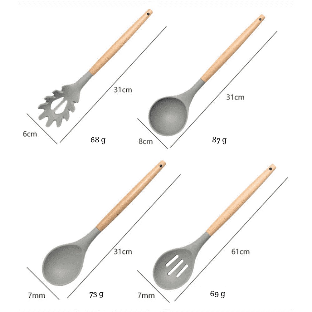 Set 19 Ustensile bucatarie Koken,  Lemn si Silicon alimentar, Suport/Tocator/Cutite, Termorezistente, Antiaderente+ Suport Lingura