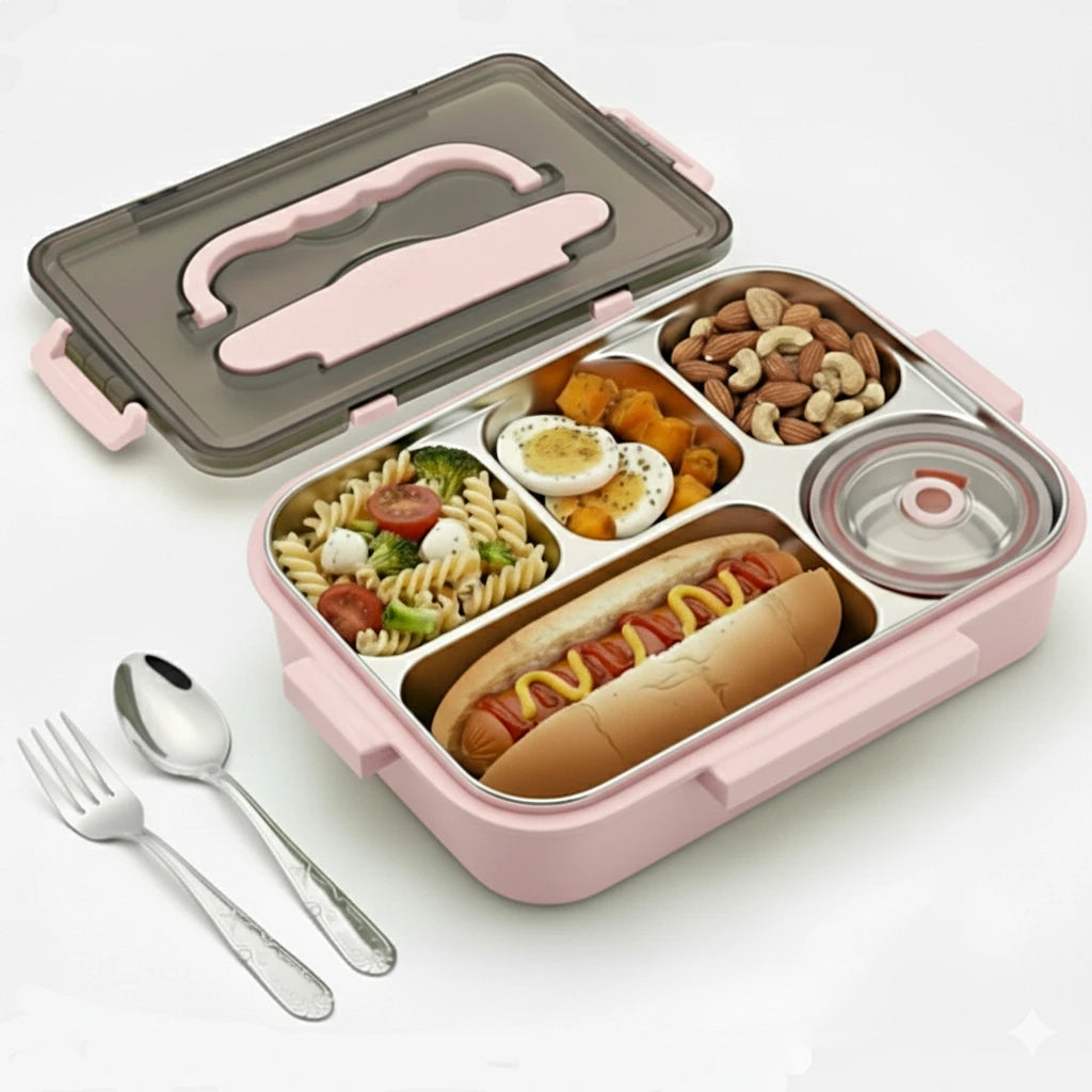 Caserola copii scoala cu 5 compartimente Koken, Cutie pentru pranz etansa, termica, volum 1L, Lunchbox cu tacamuri, 25x30cm, Verde/Roz