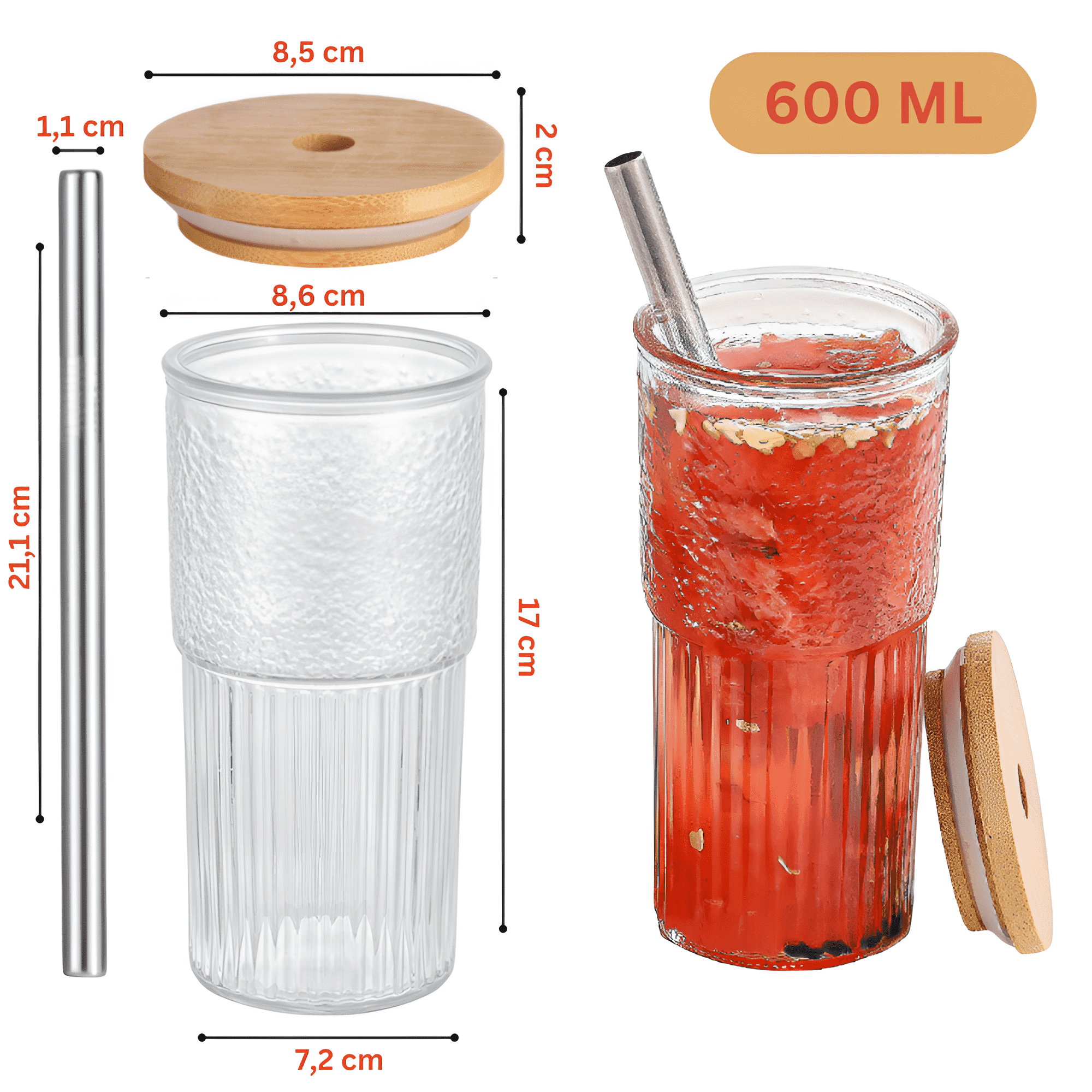 Poza indica dimensiunile produsului: Inaltimea paharului 17 cm si diametrul 8,6 cm / Inaltimea Paiului 21,1 cm. Capacitatea paharului 600 ml
