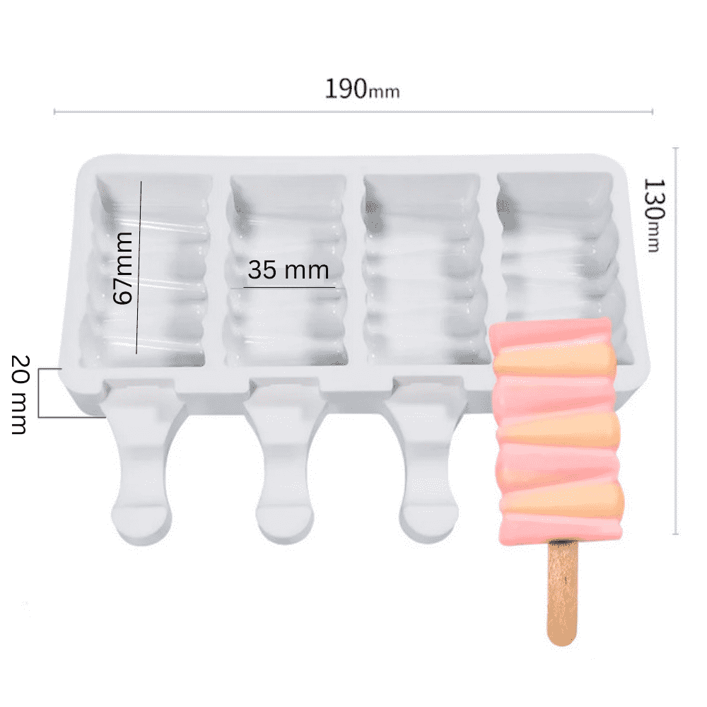 Set Forme din Silicon pentru Inghetata pe Bat Koken, 4 compartimente, 50 betisoare incluse, 13 x 19 cm, Albe