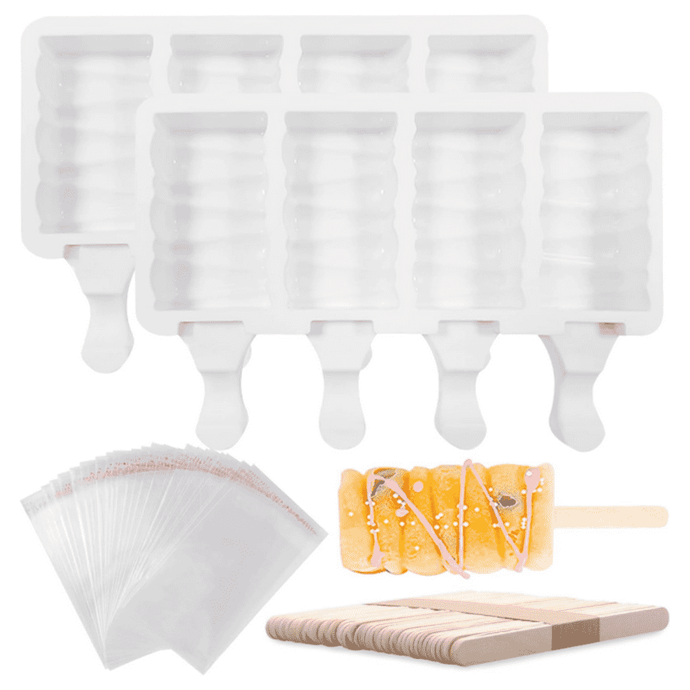 Set Forme din Silicon pentru Inghetata pe Bat Koken, 4 compartimente, 50 betisoare incluse, 13 x 19 cm, Albe
