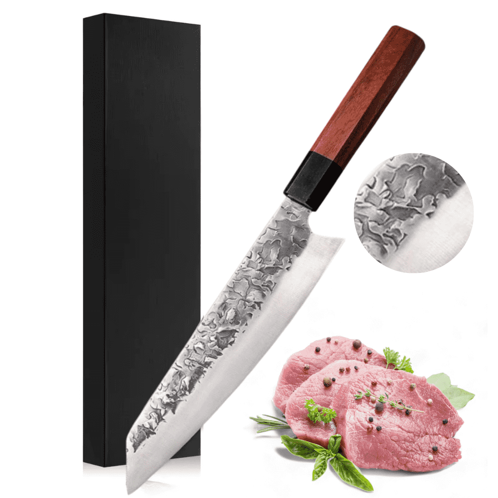 Koken Professional Japanese Chef's Knife, Damascus Steel, for Sushi, Slicing and Manual Cutting, Blade 20 cm, Wood