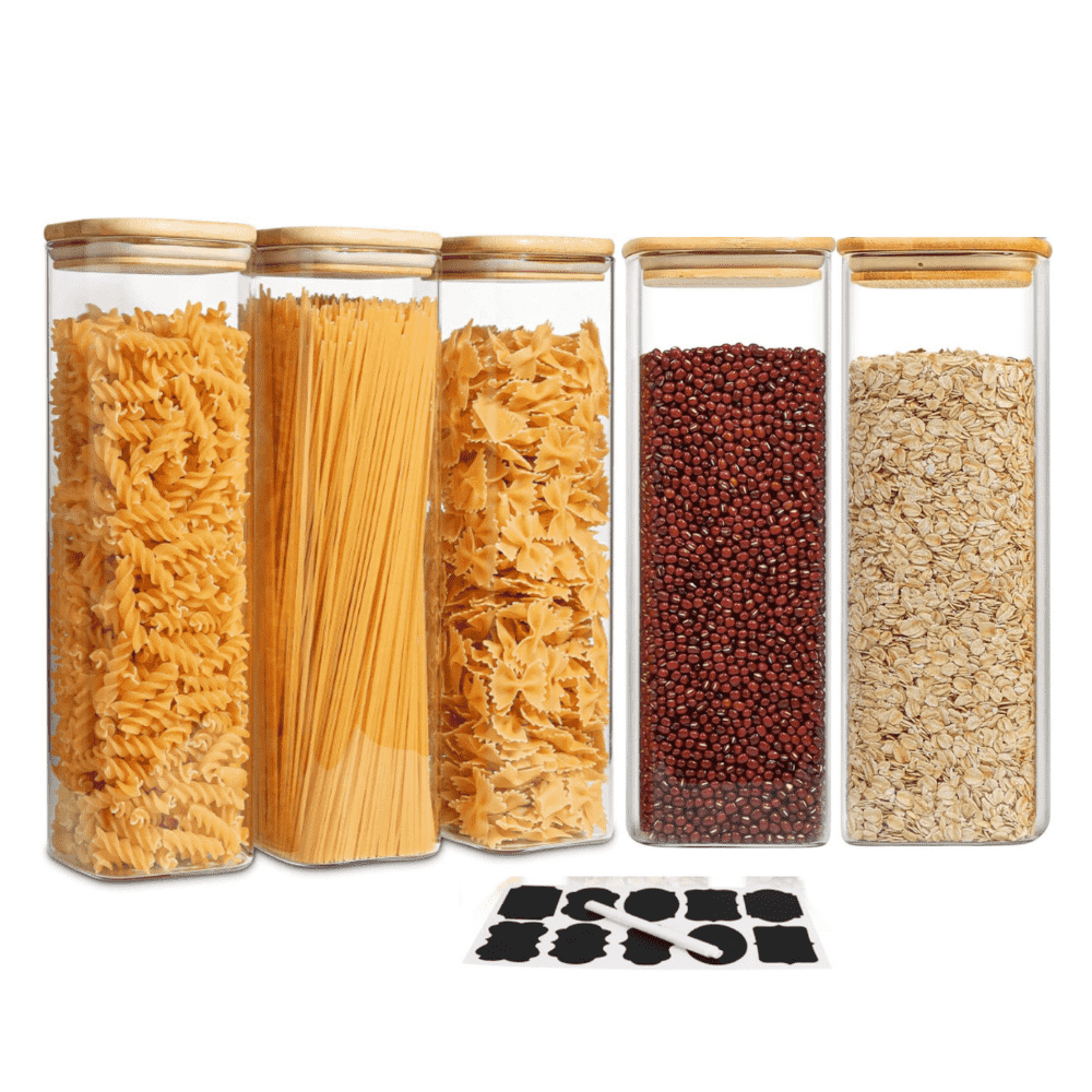 Set of 5 square borosilicate glass containers, in various sizes, with Koken airtight bamboo lids - ideal for storing dry foods and grains.