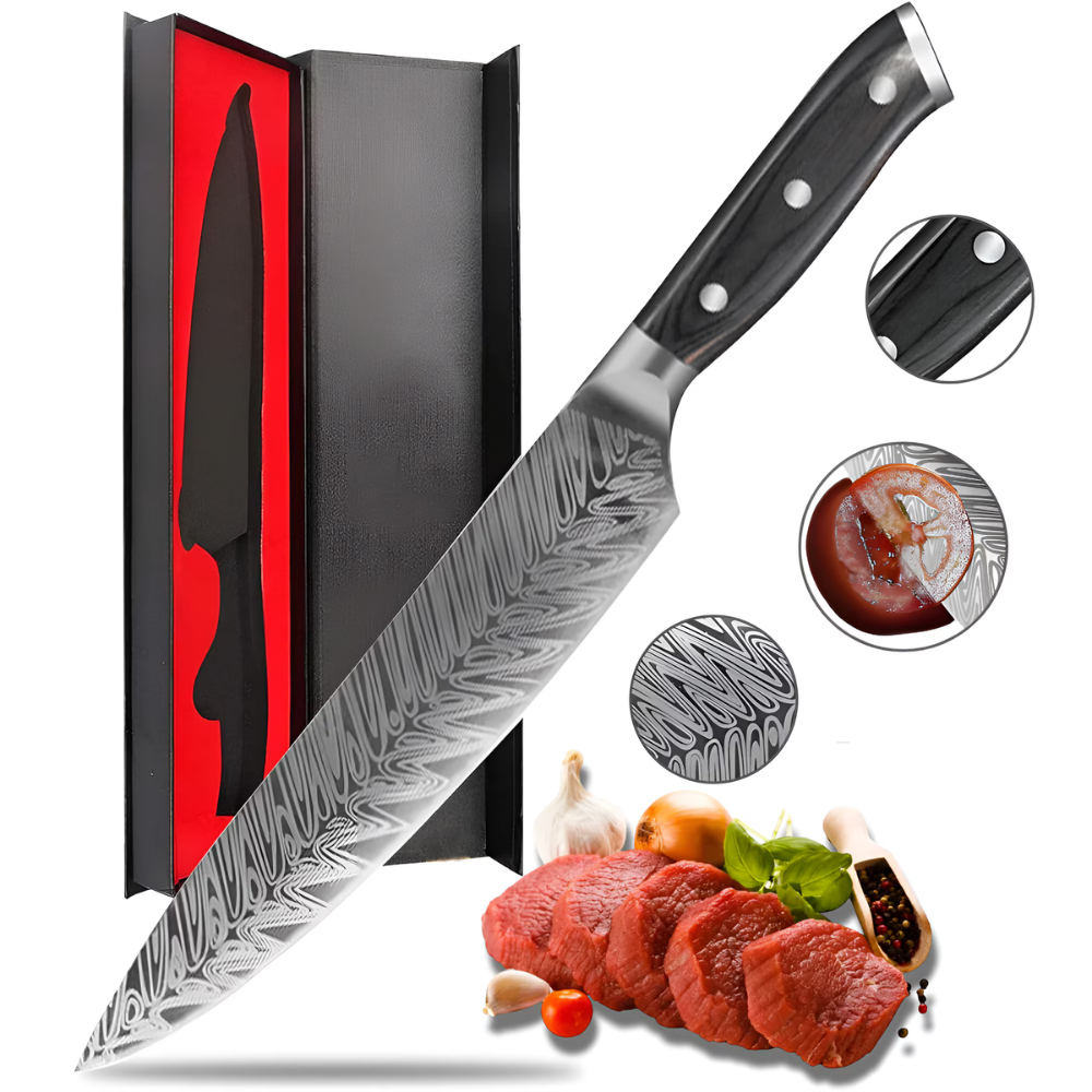 Koken Damascus Steel Professional Kitchen Knife, High Carbon Blade, 21 cm, Wooden Handle