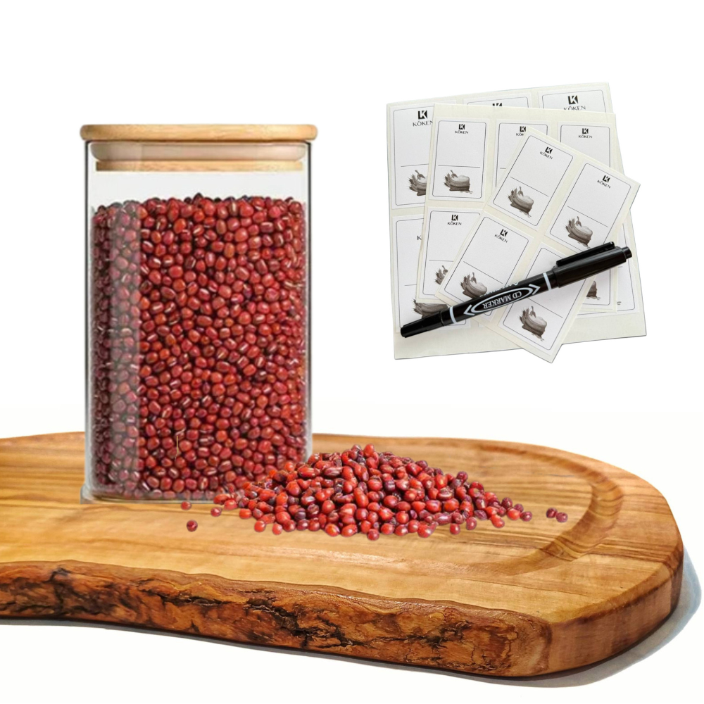 Recipient depozitare alimente, borcan de sticla cu capac etans de 1, 2 L, Koken cutie depozitare alimentara, Forma Patrata, Sticla Borosilicata/Capac Bambus, Transparent + Autocolante si markere