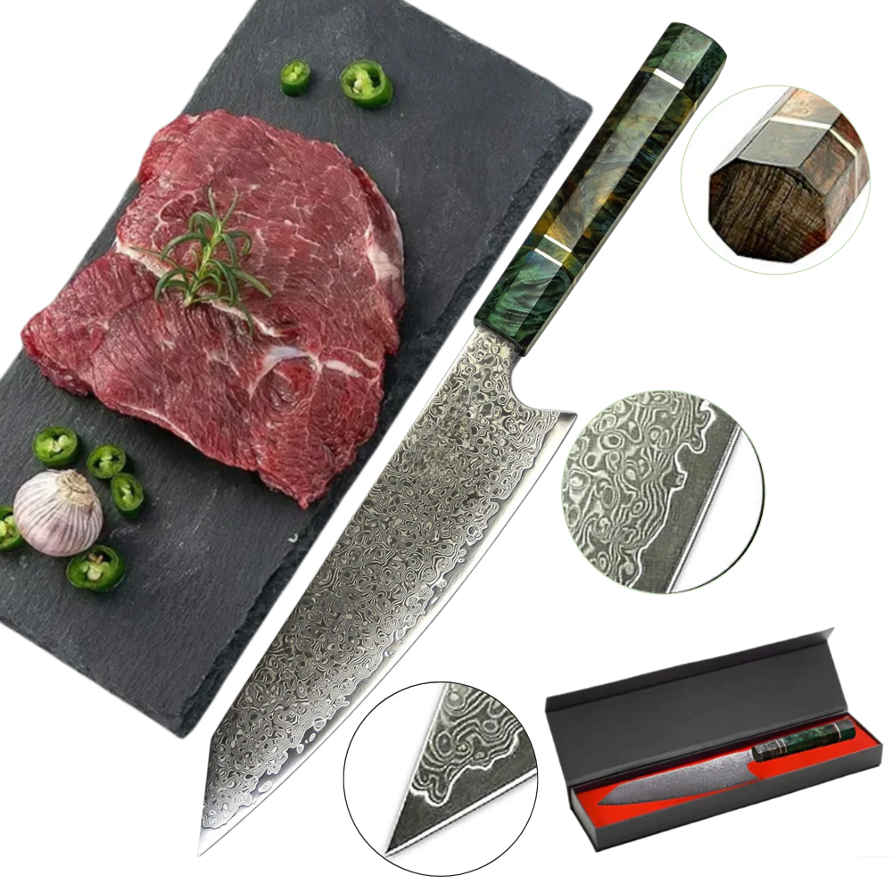 Koken Japanese Professional Knife, 67-Layer Damascus Steel, High Carbon, 20 cm High Quality Blade, Distinctive Handle and Perfect Edge for Professional Cooking, Green/Brown
