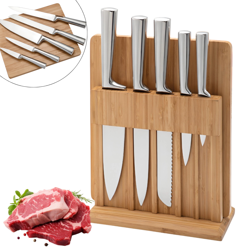 Set universal 5 cutite otel inoxidabil pentru bucatarie Koken cu suport si tocator din bambus, ultra-ascutite, 7 piese