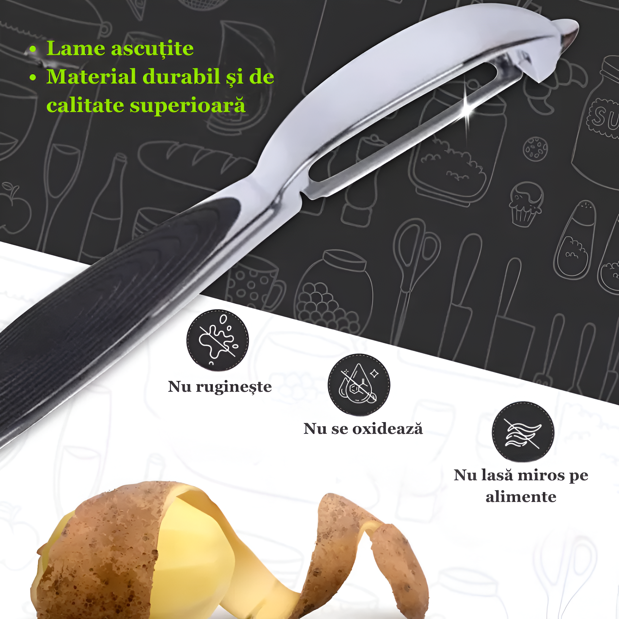 Dispozitiv pentru decojire legume si fructe Koken, Curatator cu aliaj de Zinc, Ustensila pentru decojit 2/1, varf ascutit, design ergonomic, anti-alunecare, multifunctional, 17 x 1,5 cm, Negru/Argintiu