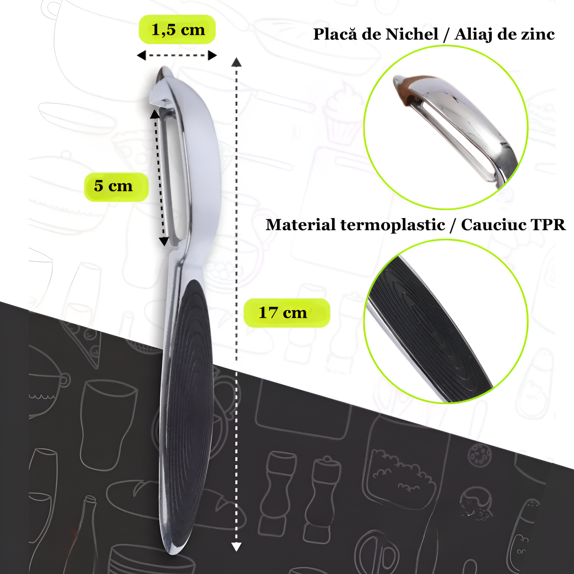Dispozitiv pentru decojire legume si fructe Koken, Curatator cu aliaj de Zinc, Ustensila pentru decojit 2/1, varf ascutit, design ergonomic, anti-alunecare, multifunctional, 17 x 1,5 cm, Negru/Argintiu