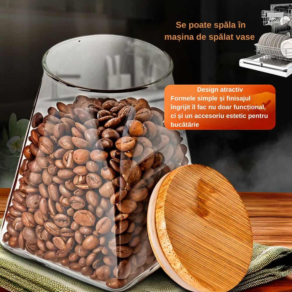 Creează-ți propriul Set de recipiente din sticlă Koken, Borcane cu capac din bambus ermetic, forma trapezoidală, transparente + stickere, marker, 350/600/900 ml