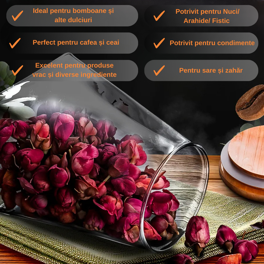 Creează-ți propriul Set de recipiente din sticlă Koken, Borcane cu capac din bambus ermetic, forma trapezoidală, transparente + stickere, marker, 350/600/900 ml