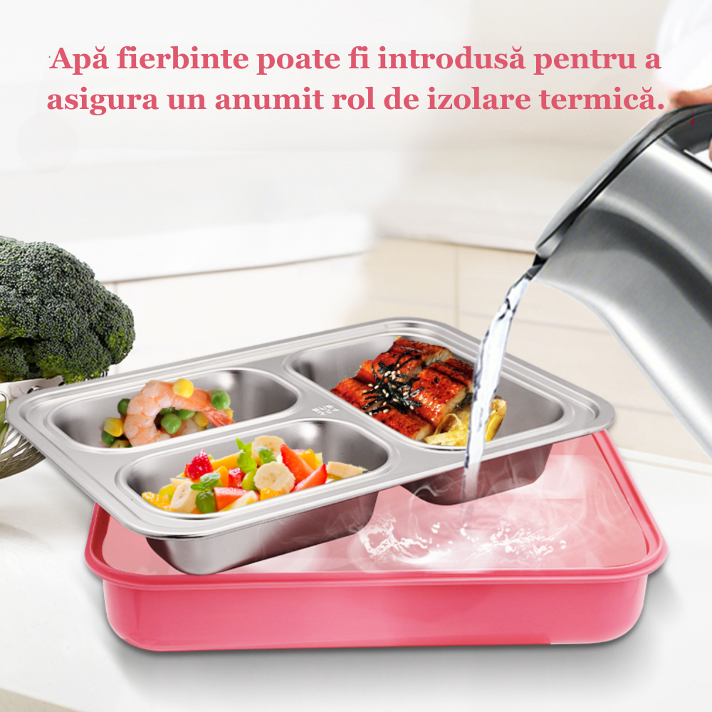 Cutie pentru pranz Koken, Lunch box Otel inoxidabil, Caserola copii scoala cu 3 Compartimente, 27,5 x 20,6 cm, Roz