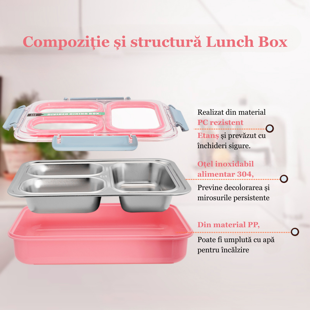 Cutie pentru pranz Koken, Lunch box Otel inoxidabil, Caserola copii scoala cu 3 Compartimente, 27,5 x 20,6 cm, Roz