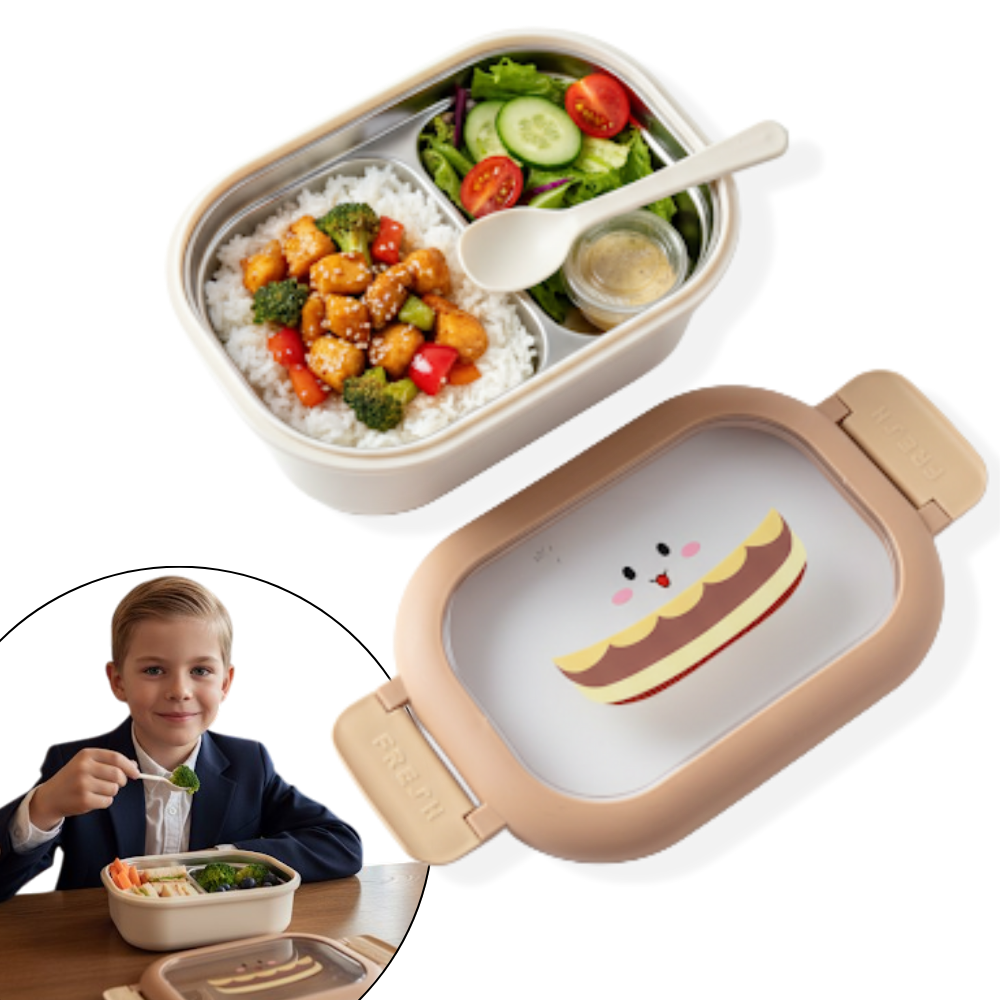 Cutie pentru pranz Koken, Lunch Inox, Caserola copii scoala cu 2 Compartimente, Lingura inclusa, Bej