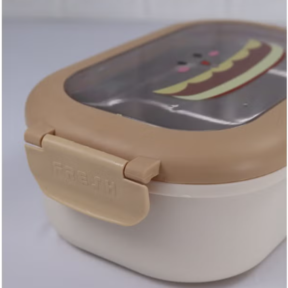 Cutie pentru pranz Koken, Lunch Inox, Caserola copii scoala cu 2 Compartimente, Lingura inclusa, Bej