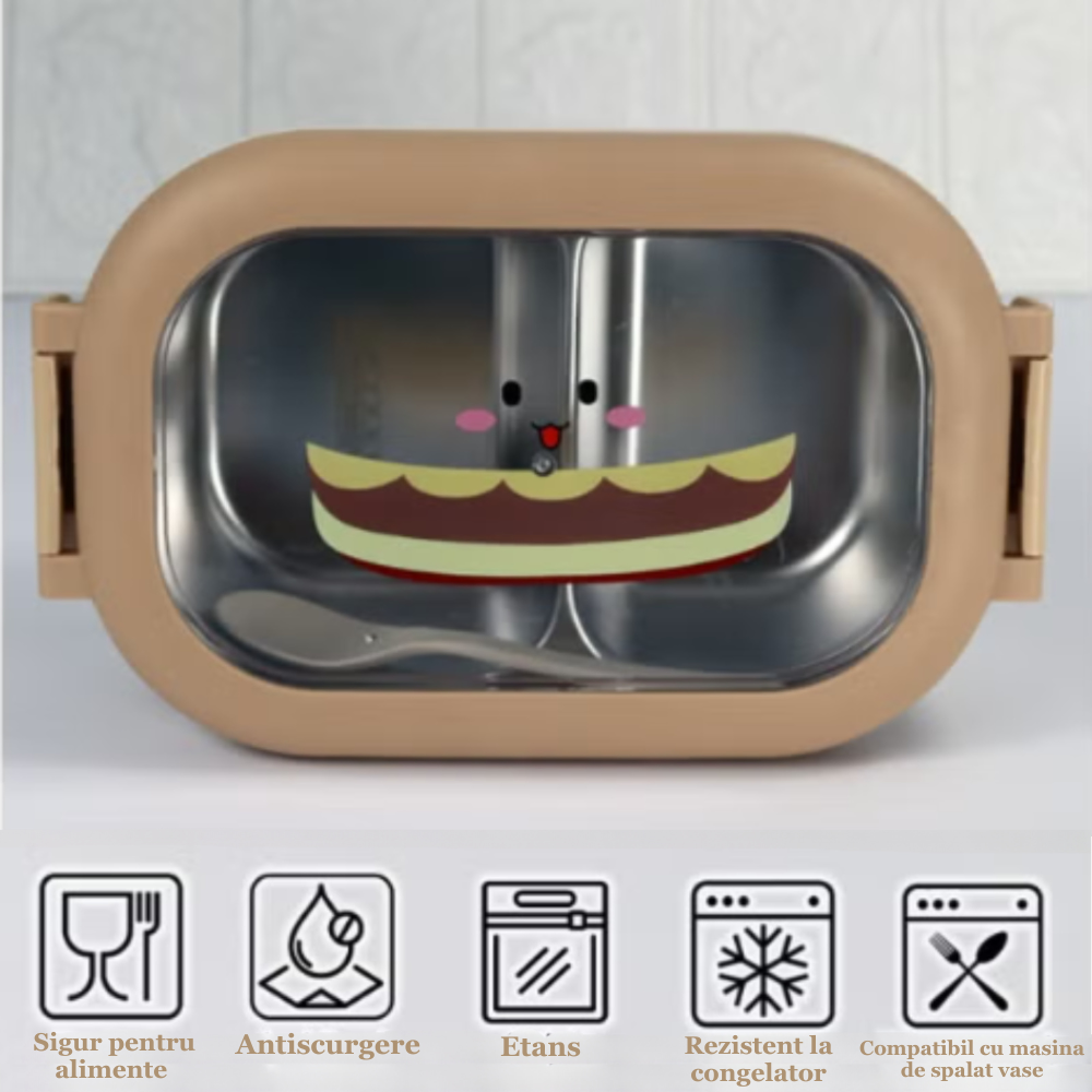 Cutie pentru pranz Koken, Lunch Inox, Caserola copii scoala cu 2 Compartimente, Lingura inclusa, Bej