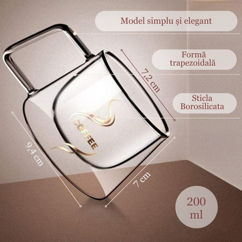 Cana pentru ceai si cafea din sticla termorezistente cu pereti dubli Koken, 200 ml, Sticla borosilicata, ceasca eleganta si transparenta