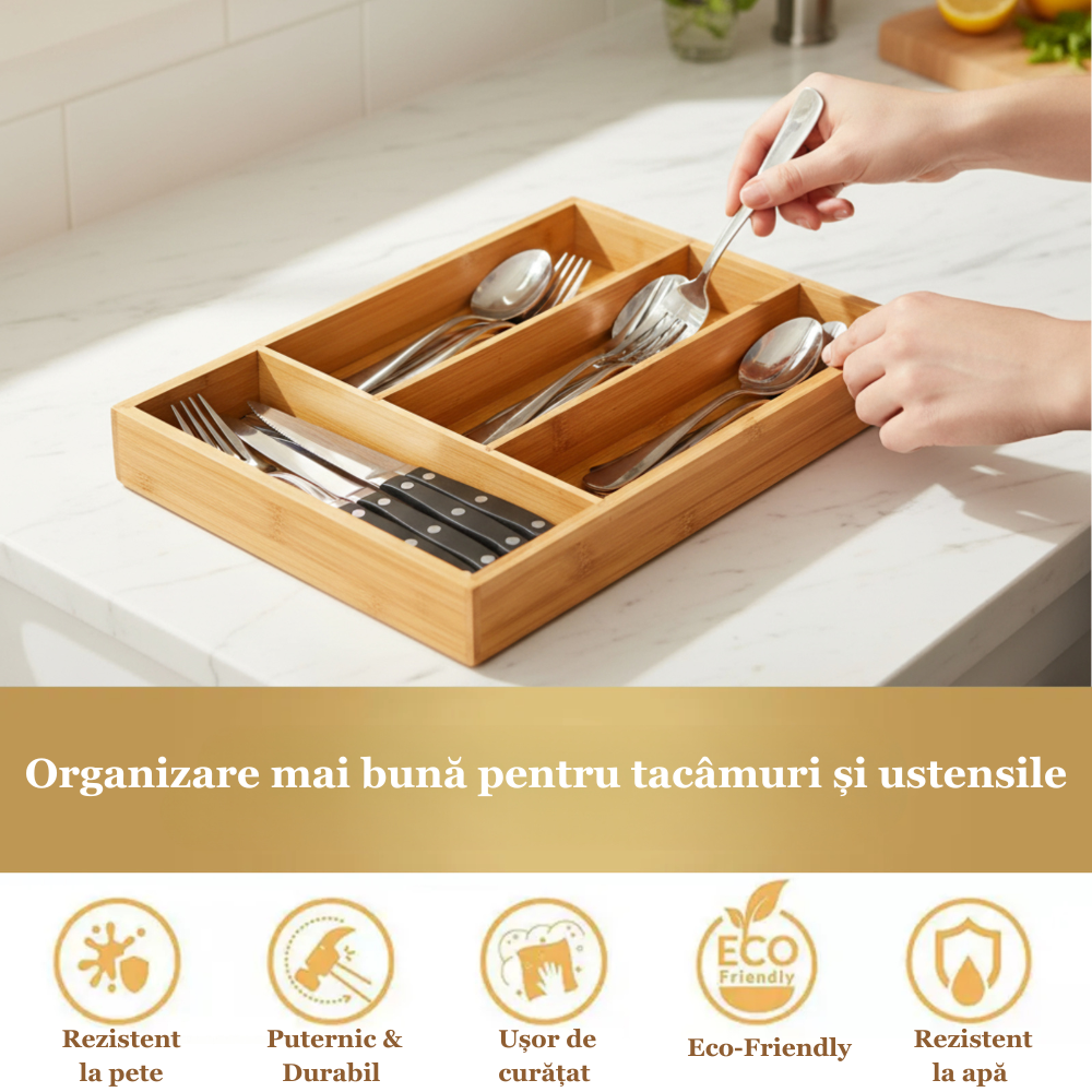 Suport tacamuri, ustensile de Bucatarie Koken, 4 compartimente, organizator multifunctional pentru sertar, Spatios, material durabil, usor de curatat, compact,  design modern,  33x25x 4,3 cm, Lemn