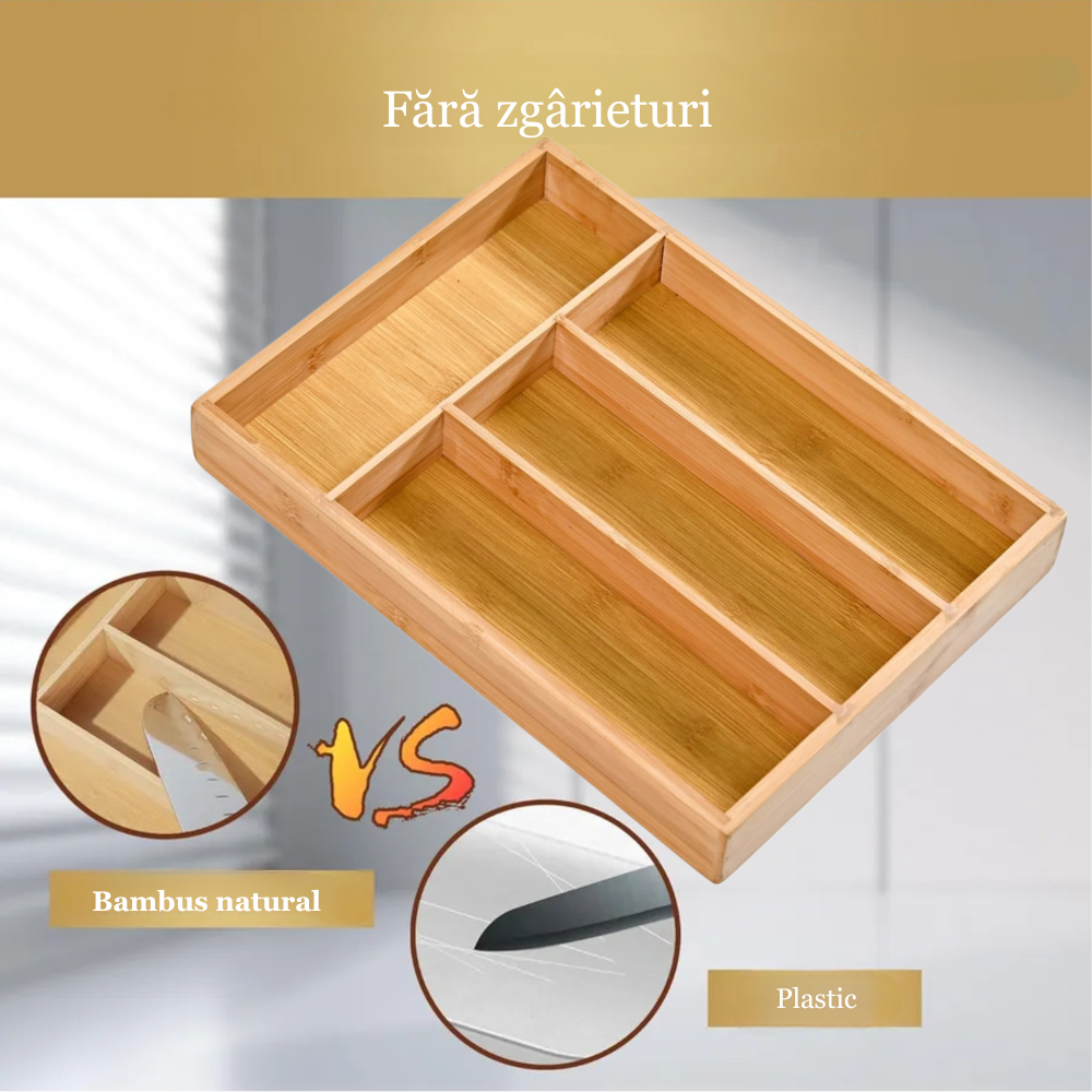 Suport tacamuri, ustensile de Bucatarie Koken, 4 compartimente, organizator multifunctional pentru sertar, Spatios, material durabil, usor de curatat, compact,  design modern,  33x25x 4,3 cm, Lemn