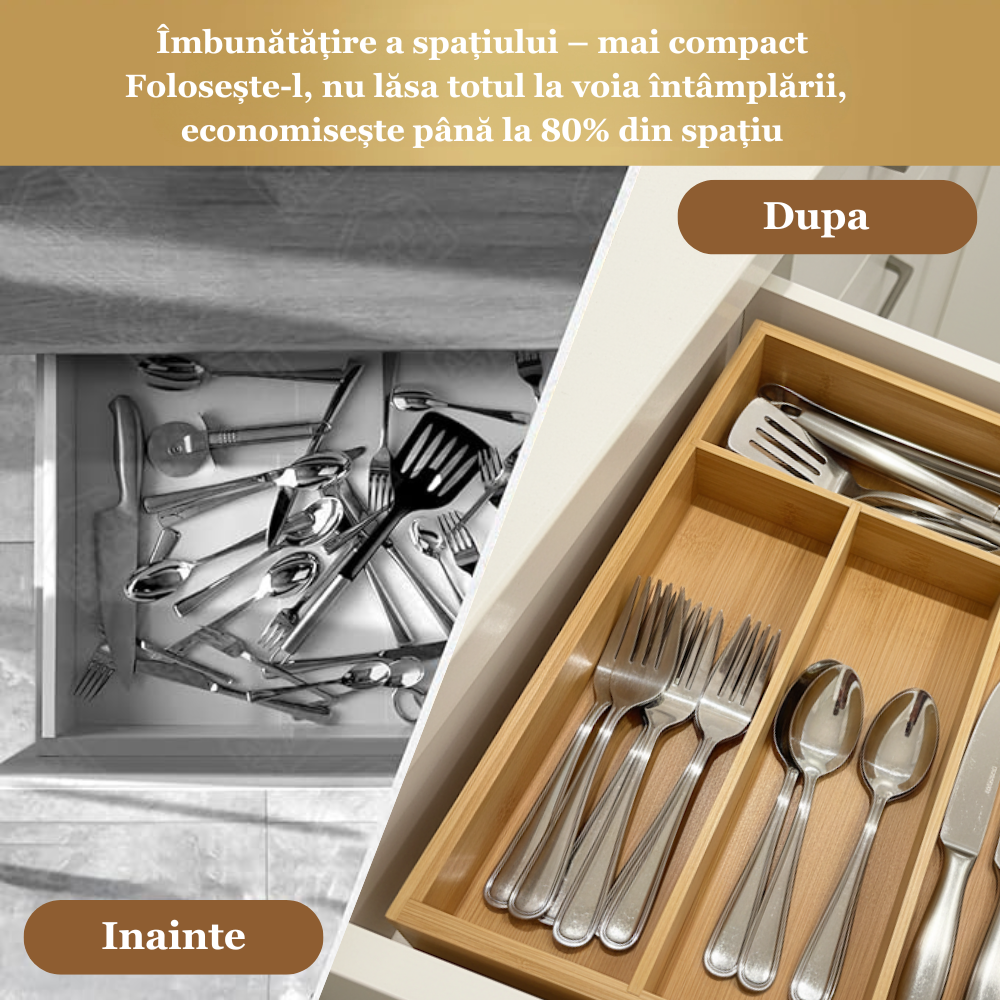 Suport tacamuri, ustensile de Bucatarie Koken, 4 compartimente, organizator multifunctional pentru sertar, Spatios, material durabil, usor de curatat, compact,  design modern,  33x25x 4,3 cm, Lemn