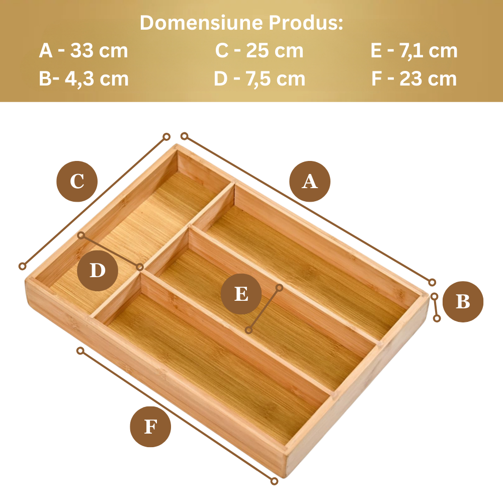Suport tacamuri, ustensile de Bucatarie Koken, 4 compartimente, organizator multifunctional pentru sertar, Spatios, material durabil, usor de curatat, compact,  design modern,  33x25x 4,3 cm, Lemn