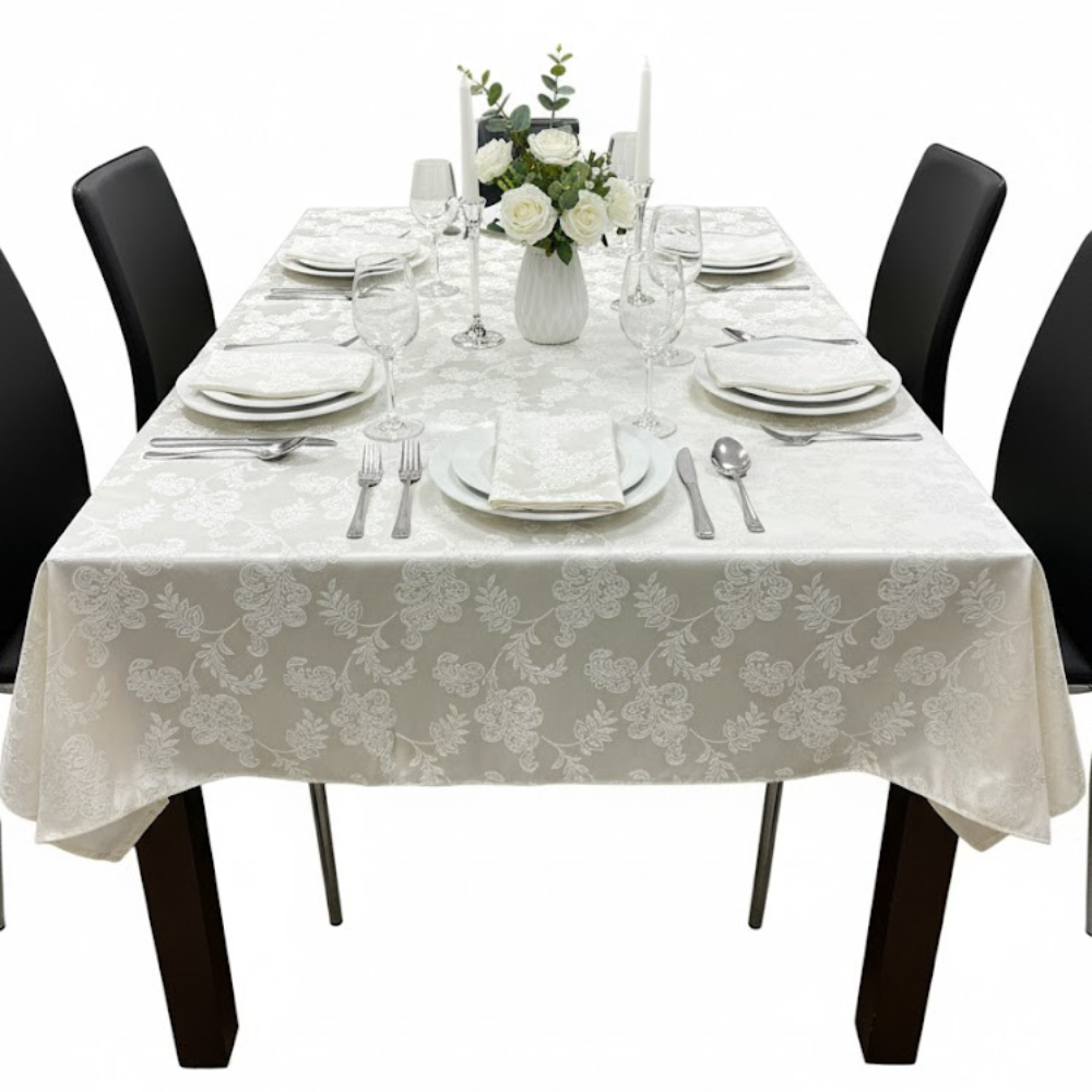 Față de masă 180x140cm dreptunghiulară impermeabilă cu 6 șervetele 40x40cm Koken, 100% Bumbac, Reutilizabila, Fara decolorare, Usor de curatat, Potrivit pentru bucatarie, sufragerie, Alb