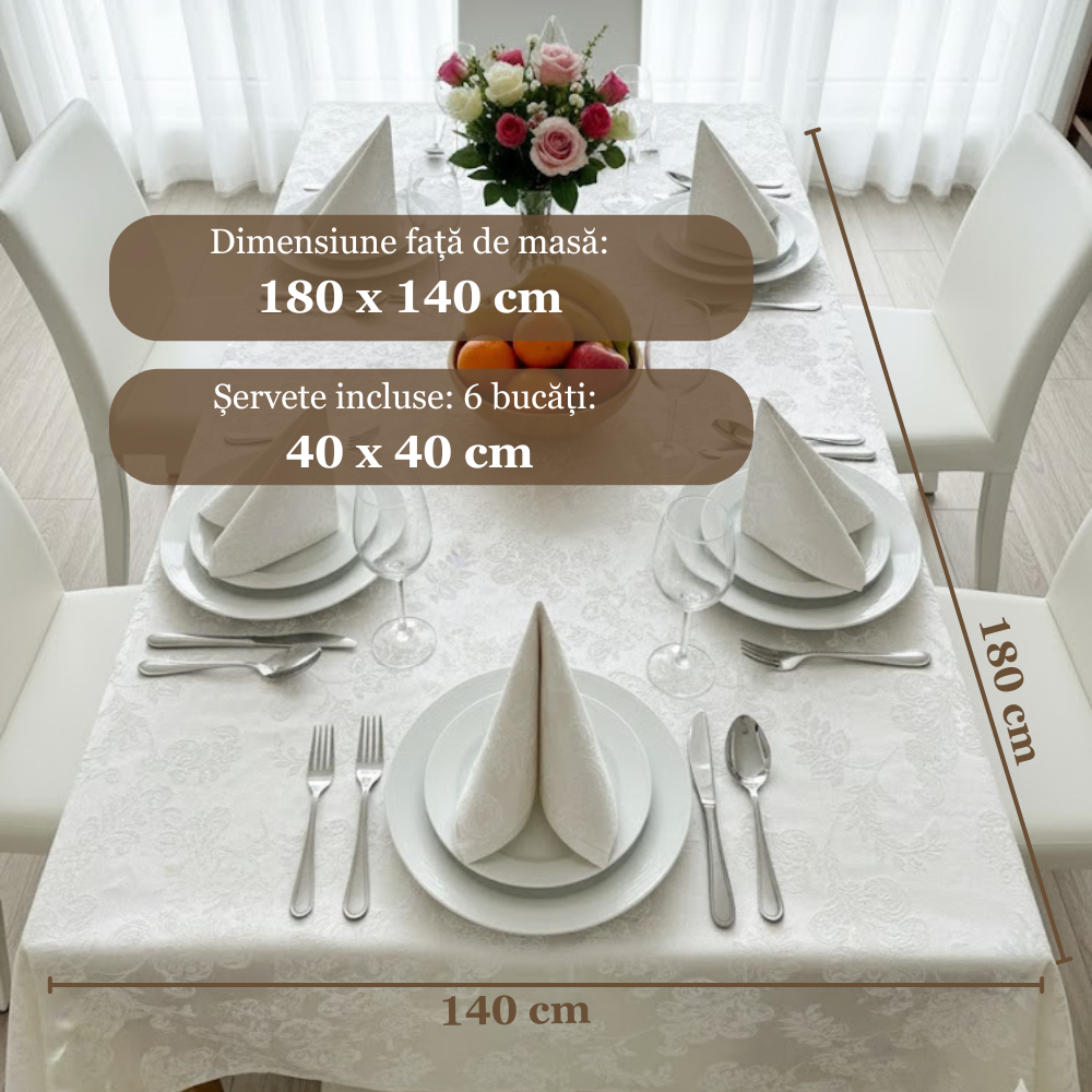 Față de masă 180x140cm dreptunghiulară impermeabilă cu 6 șervetele 40x40cm Koken, 100% Bumbac, Reutilizabila, Fara decolorare, Usor de curatat, Potrivit pentru bucatarie, sufragerie, Alb