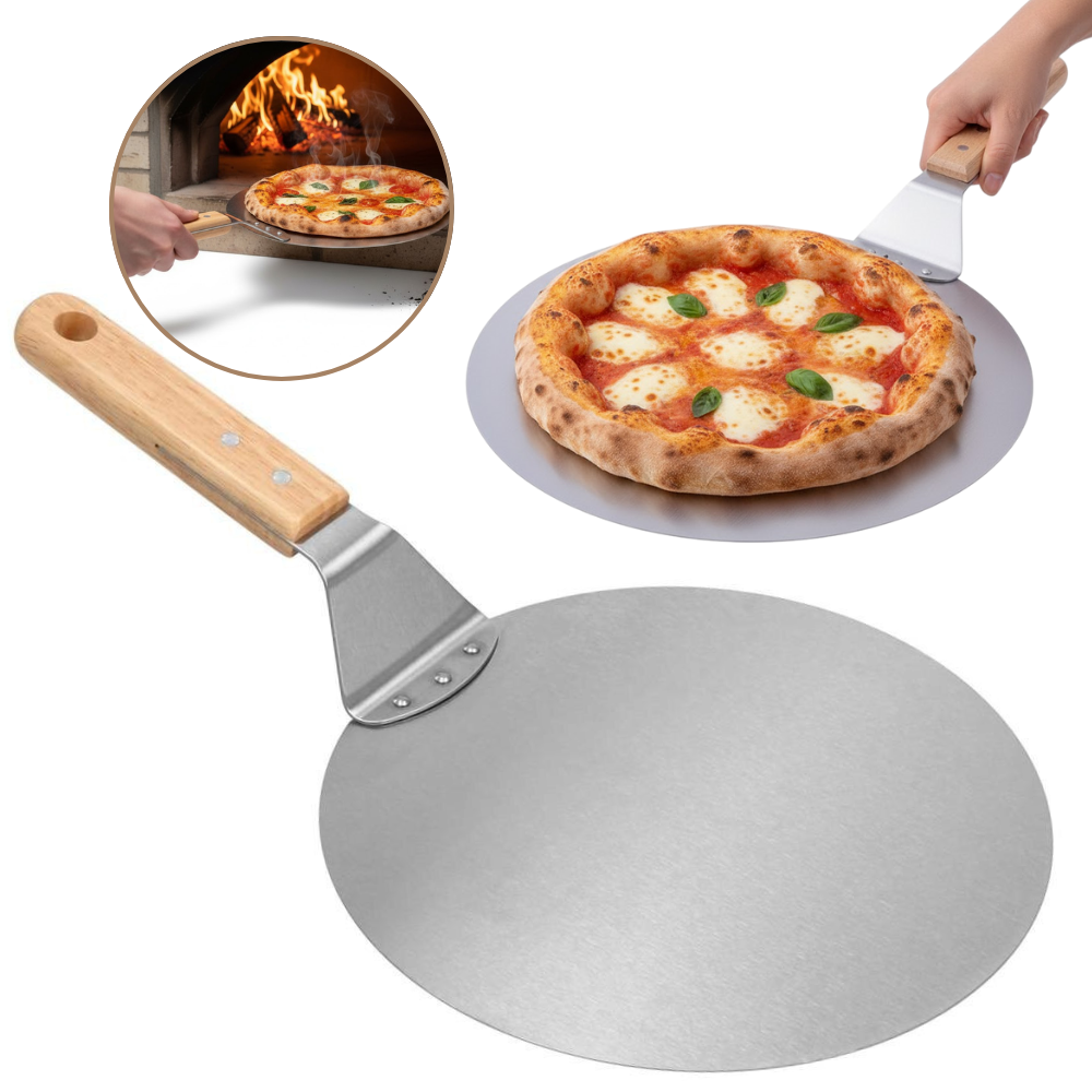 Koken pizza shovel, round stainless steel tray, plastic handle, spatula