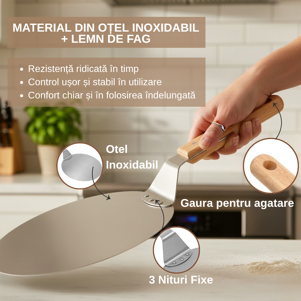 Koken pizza shovel, round stainless steel tray, plastic handle, spatula
