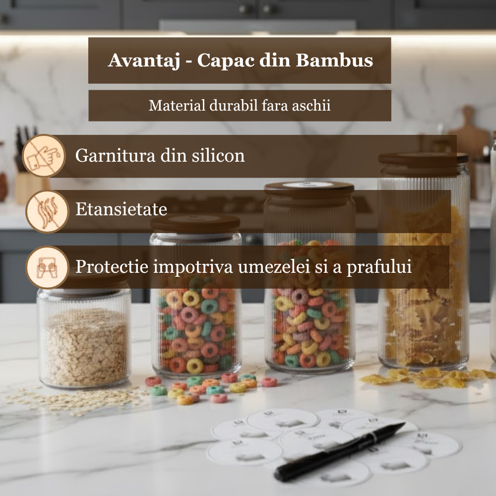 Set Borcane din sticlă borosilicată cu capac din bambus etanș Koken, Recipiente cu capac din bambus ermetic, pentru depozitarea alimentelor uscate și cerealelor