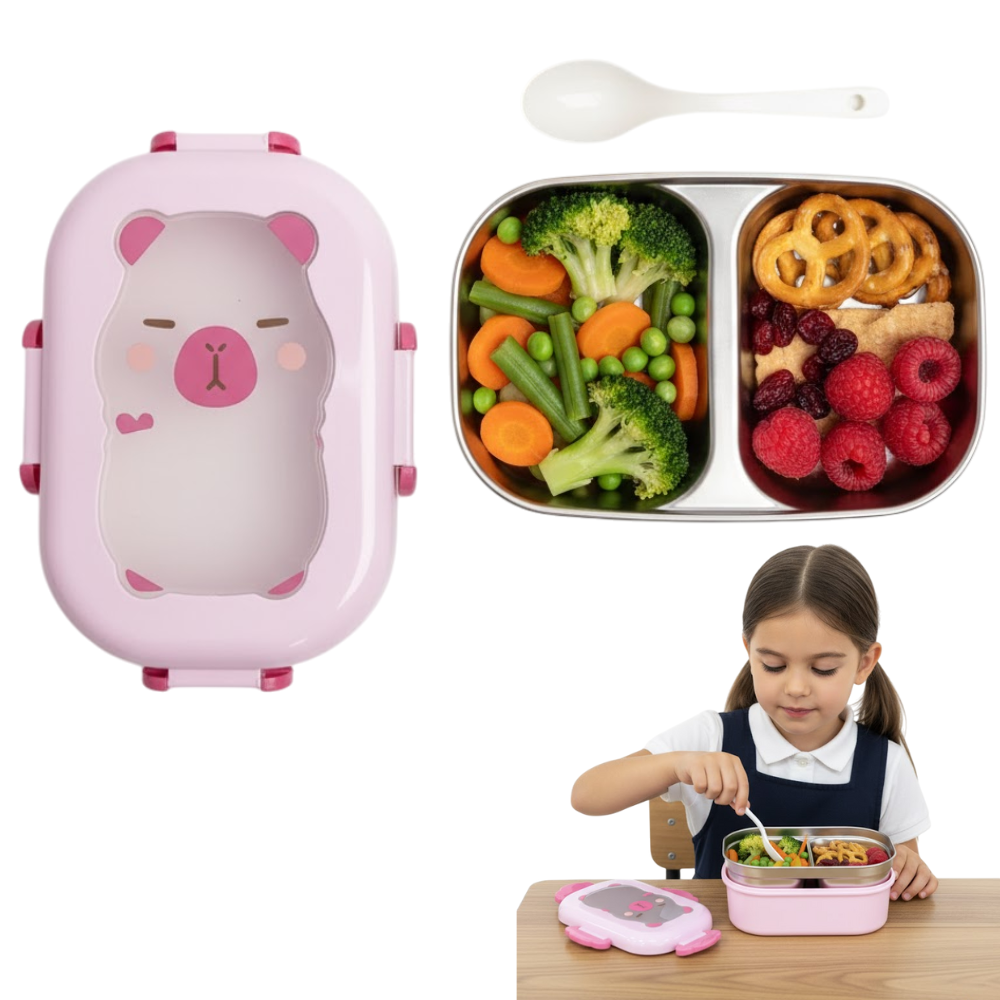 Cutie pentru pranz Koken, Lunch Inox, Caserola copii scoala cu 2 Compartimente, 22 x 15,5 x 7,5 cm, Lingura inclusa, Caserola pentru mancare, Roz/Bej