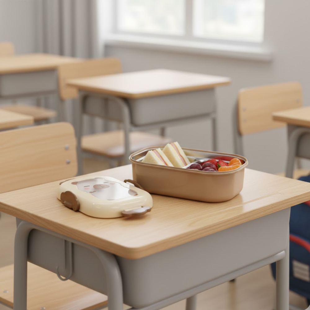 Cutie pentru pranz Koken, Lunch Inox, Caserola copii scoala cu 2 Compartimente, 22 x 15,5 x 7,5 cm, Lingura inclusa, Caserola pentru mancare, Roz/Bej