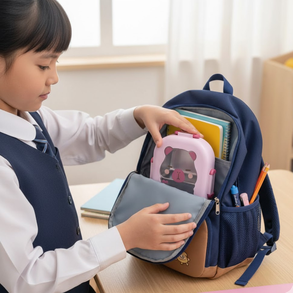 Cutie pentru pranz Koken, Lunch Inox, Caserola copii scoala cu 2 Compartimente, 22 x 15,5 x 7,5 cm, Lingura inclusa, Caserola pentru mancare, Roz/Bej