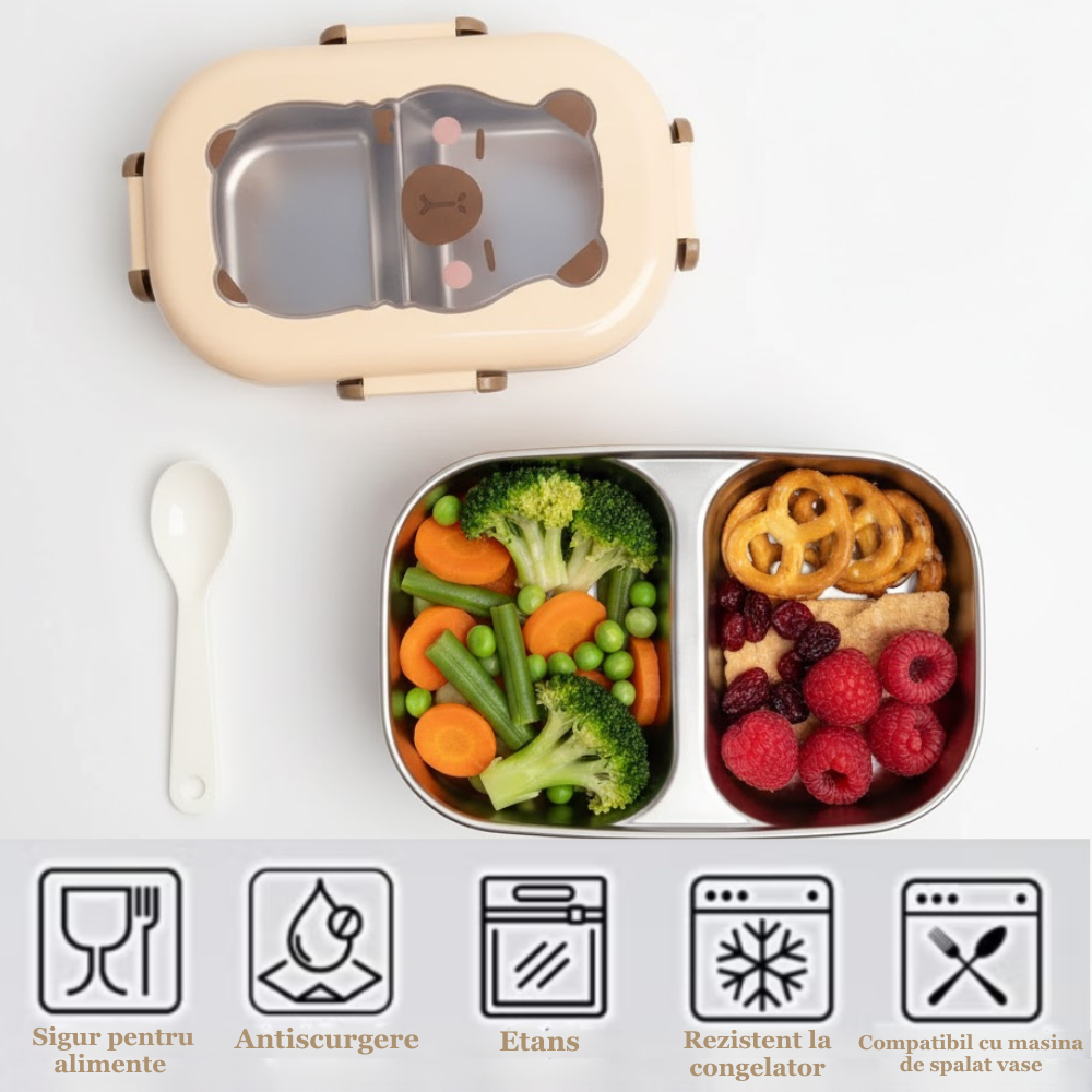 Cutie pentru pranz Koken, Lunch Inox, Caserola copii scoala cu 2 Compartimente, 22 x 15,5 x 7,5 cm, Lingura inclusa, Caserola pentru mancare, Roz/Bej