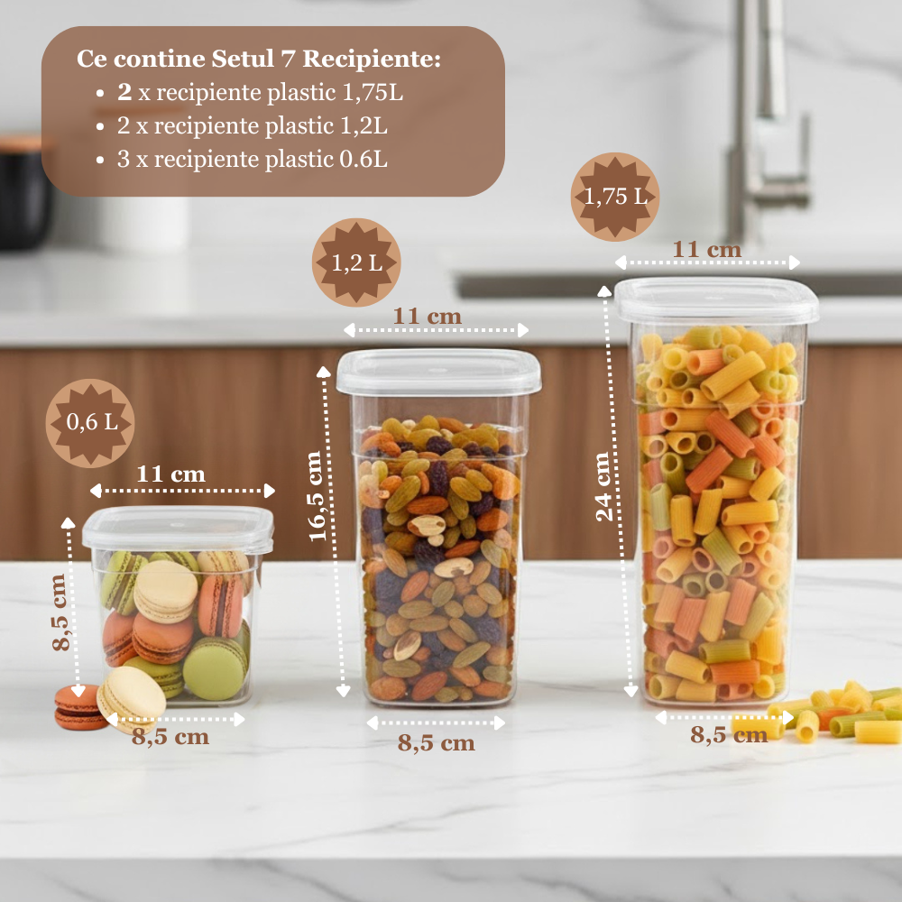 Set 7/9 Recipiente de depozitare alimente, etanșe, Koken cutie depozitare cu capac, plastic fără BPA, organizator alimente, rezistent rece/fierbinte, 0.6L, 1.2L, 1.75L, Transparente