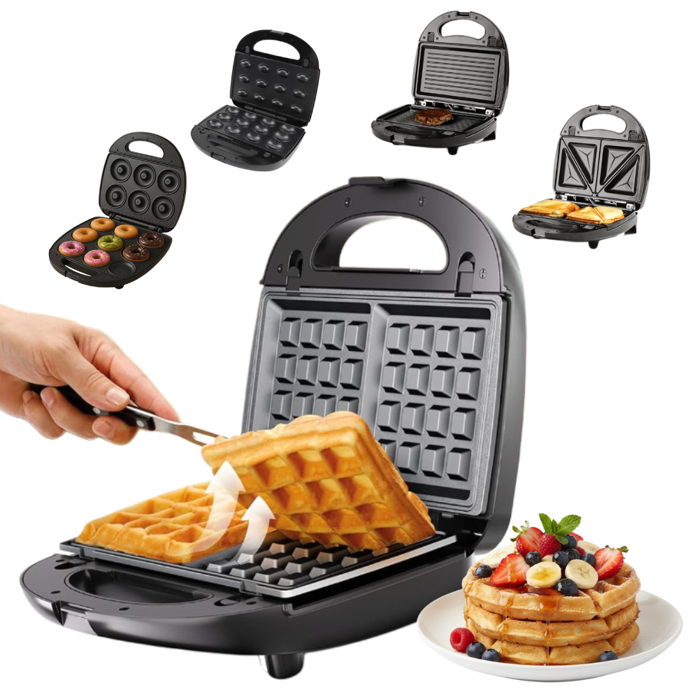 Gratar electric multifunctional Koken 5 in 1, 800W, placi detasabile antiaderente, indicator gatire, placi pentru carne, gogosi, sandwich, vafe, nucusoare, inox, Negru