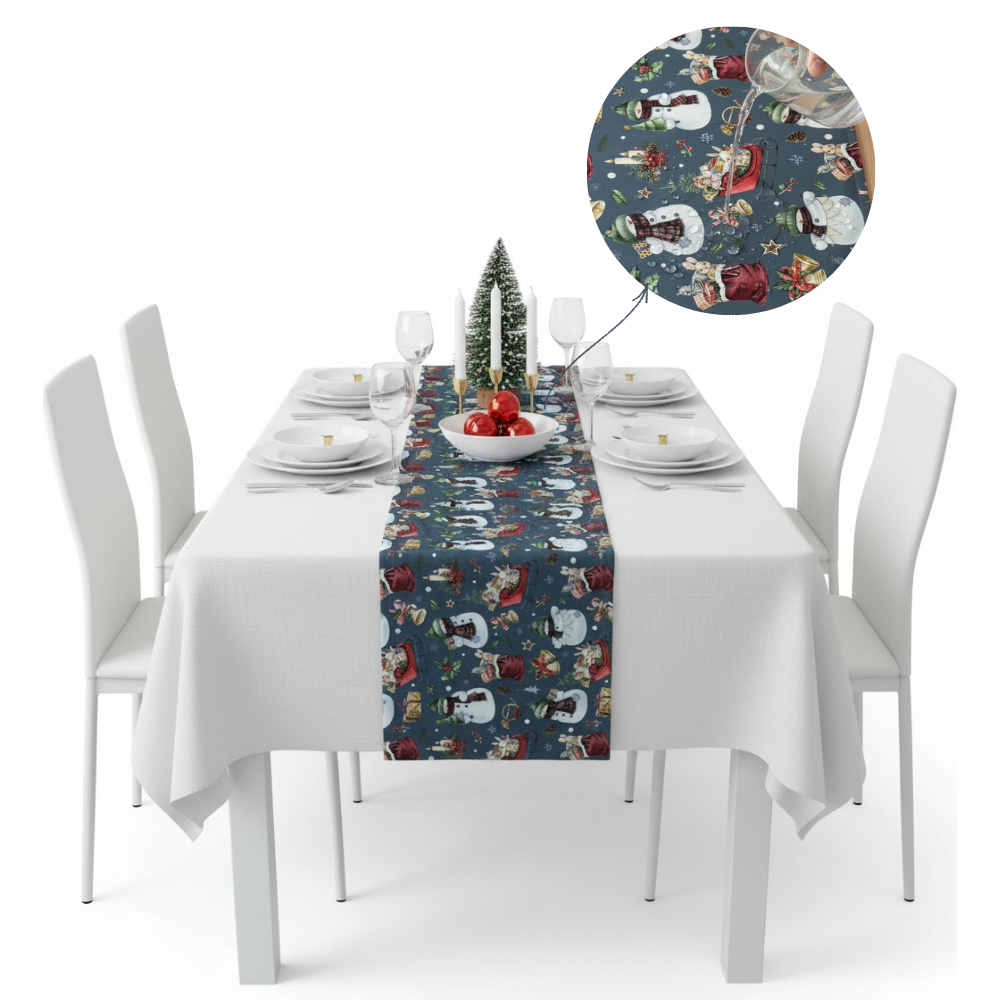 Traversa de masa 180x40cm, din bumbac, Koken, Impermiabila, fata de masa imprimeu Craciun 3D, Rezistenta la pete si murdarie, Albastra