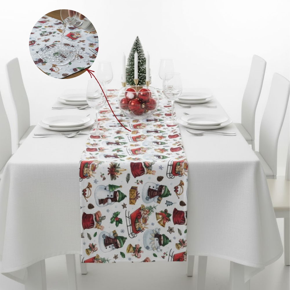 Traversa de masa 180x40cm, din bumbac, Koken, Impermiabila, fata de masa imprimeu Craciun 3D, Rezistenta la pete si murdarie