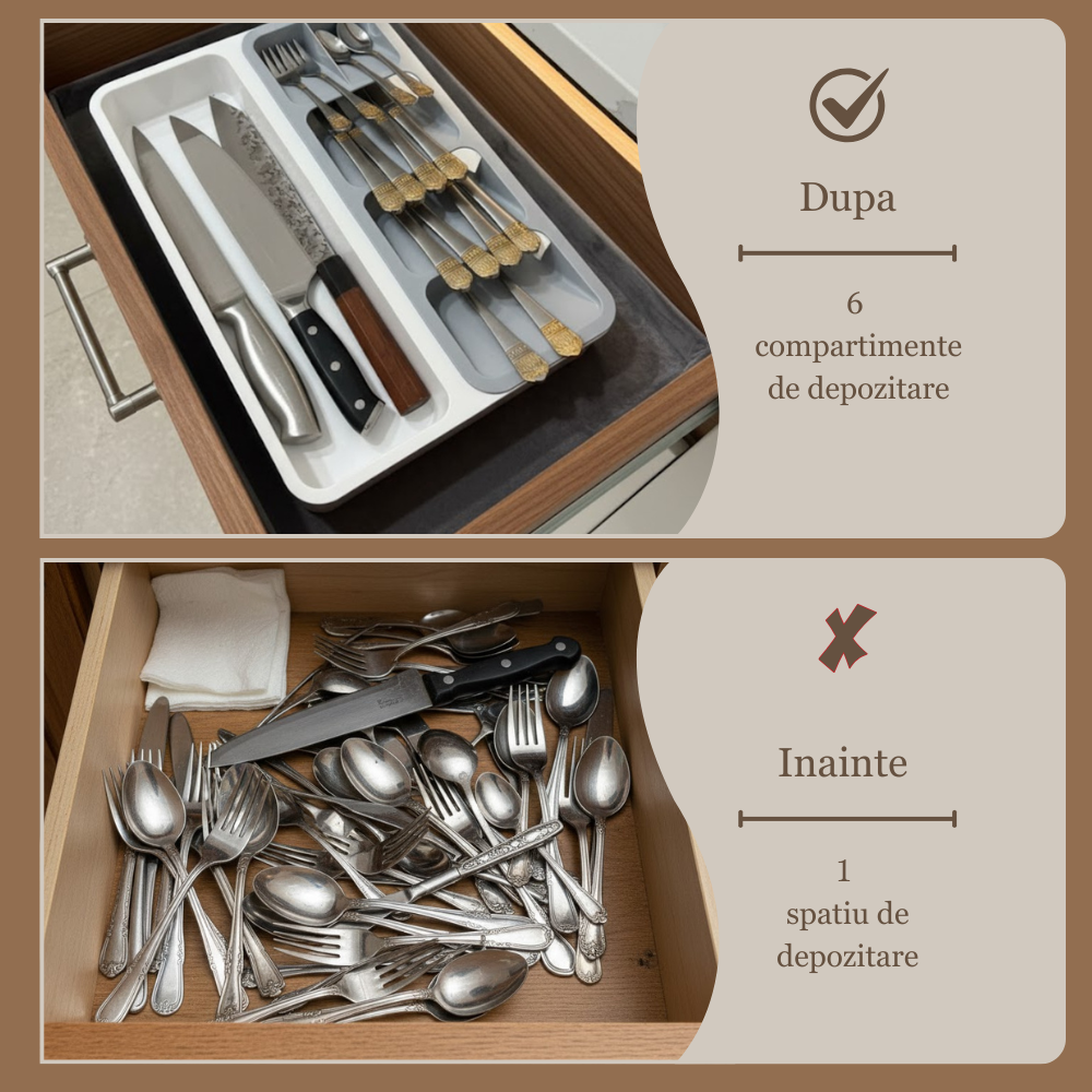 Organizator tacamuri pentru sertar, 6 compartimente, Koken, suport tacamuri sertar 28 x 39.5 x 5 cm, Plastic, Gri