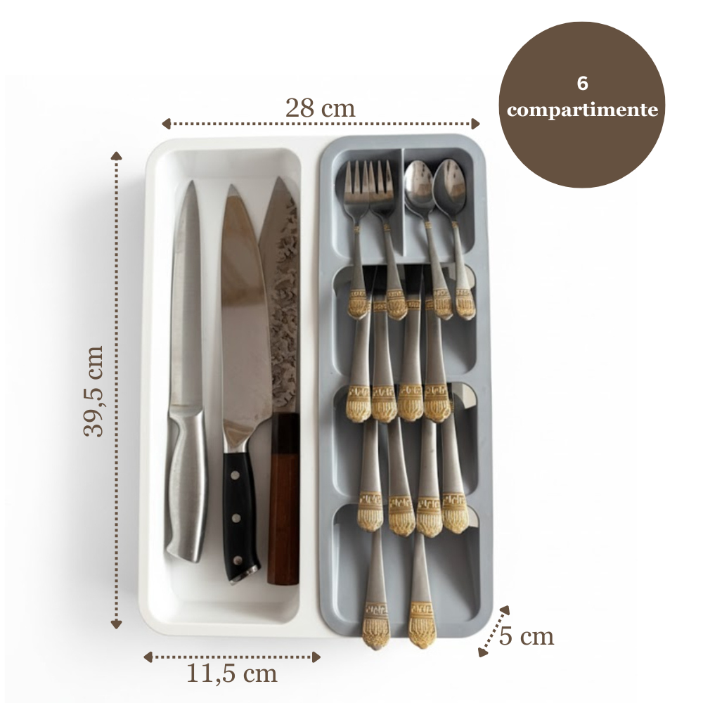 Organizator tacamuri pentru sertar, 6 compartimente, Koken, suport tacamuri sertar 28 x 39.5 x 5 cm, Plastic, Gri