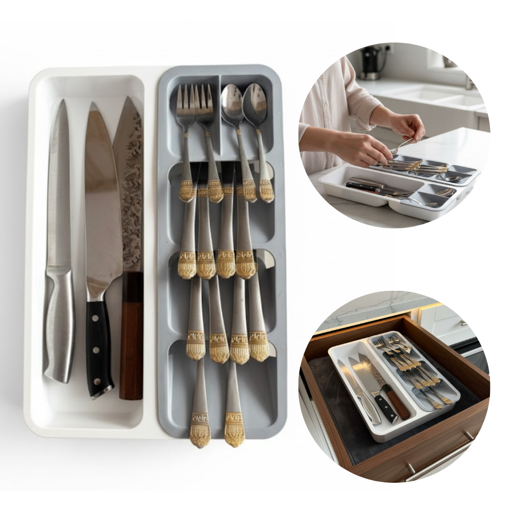 Organizator tacamuri pentru sertar, 6 compartimente, Koken, suport tacamuri sertar 28 x 39.5 x 5 cm, Plastic, Gri