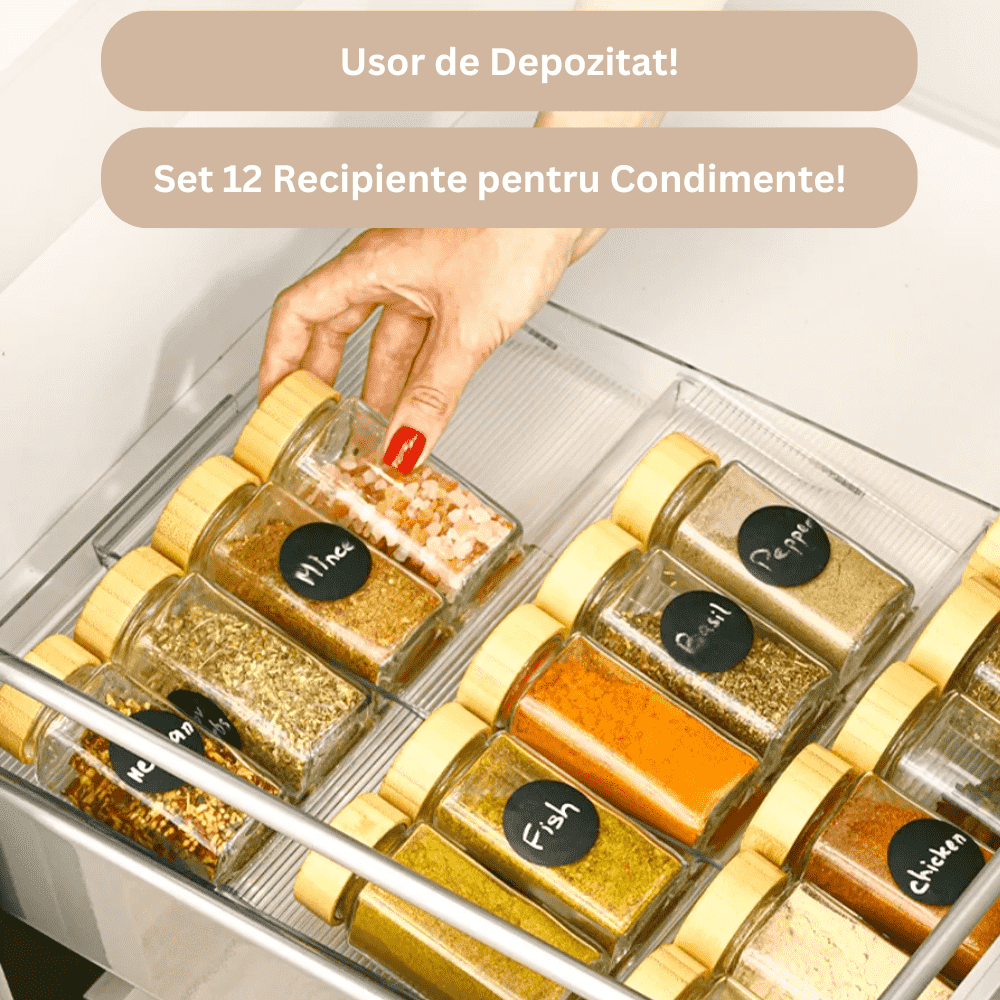 Set 12 sticlute condimente Koken,recipiente condimente 120 ml, capac etanș din bambus, Transparent