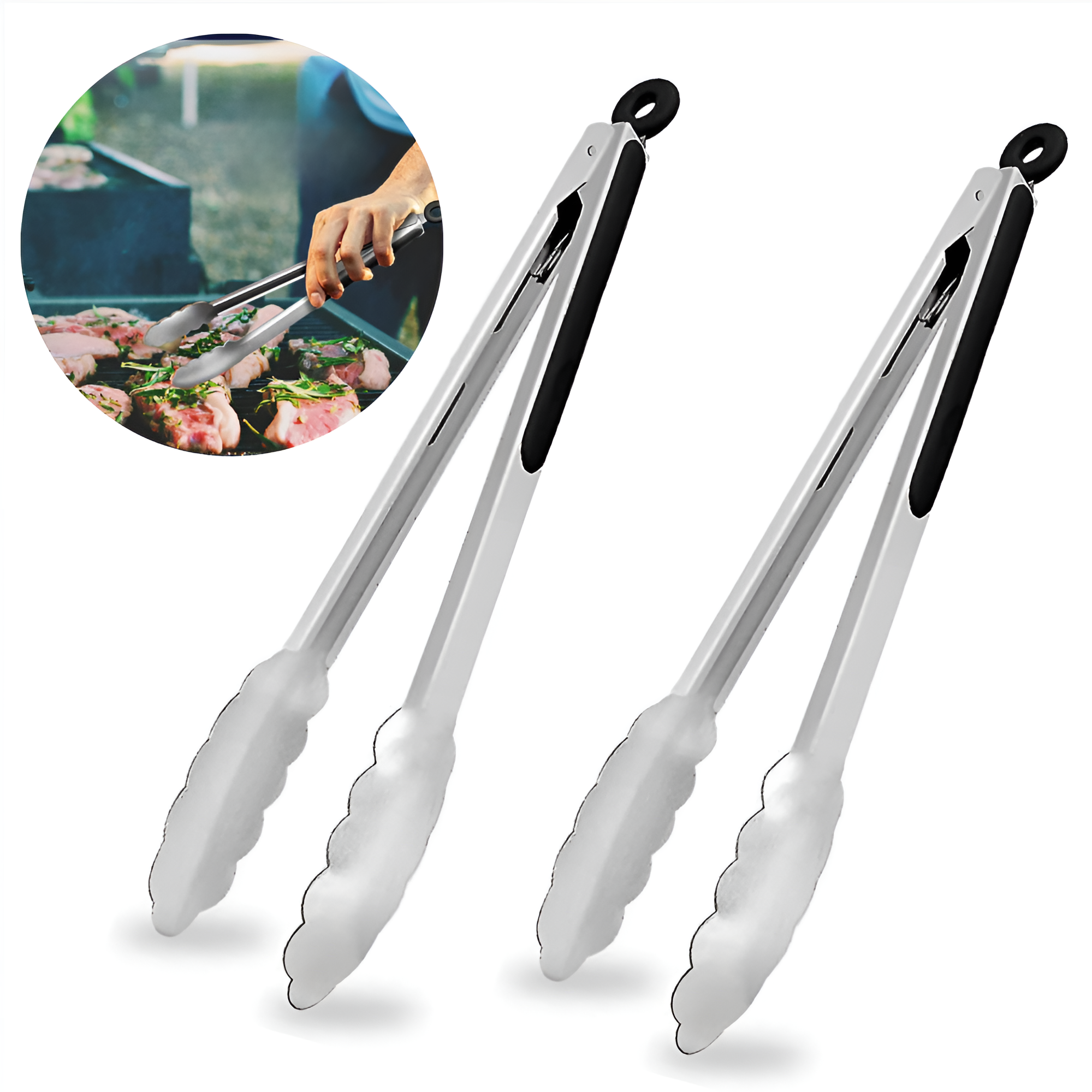 Cleste profesional pentru gratar si bucatarie Koken, Otel inoxidabil/Silicon, Maner Antialunecare, Blocare Practica, gătește și servește cu ușurință, 36x3,8 cm, Negru/Argintiu