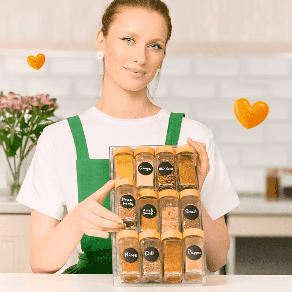 Set 12 sticlute condimente Koken,recipiente condimente 120 ml, capac etanș din bambus, Transparent