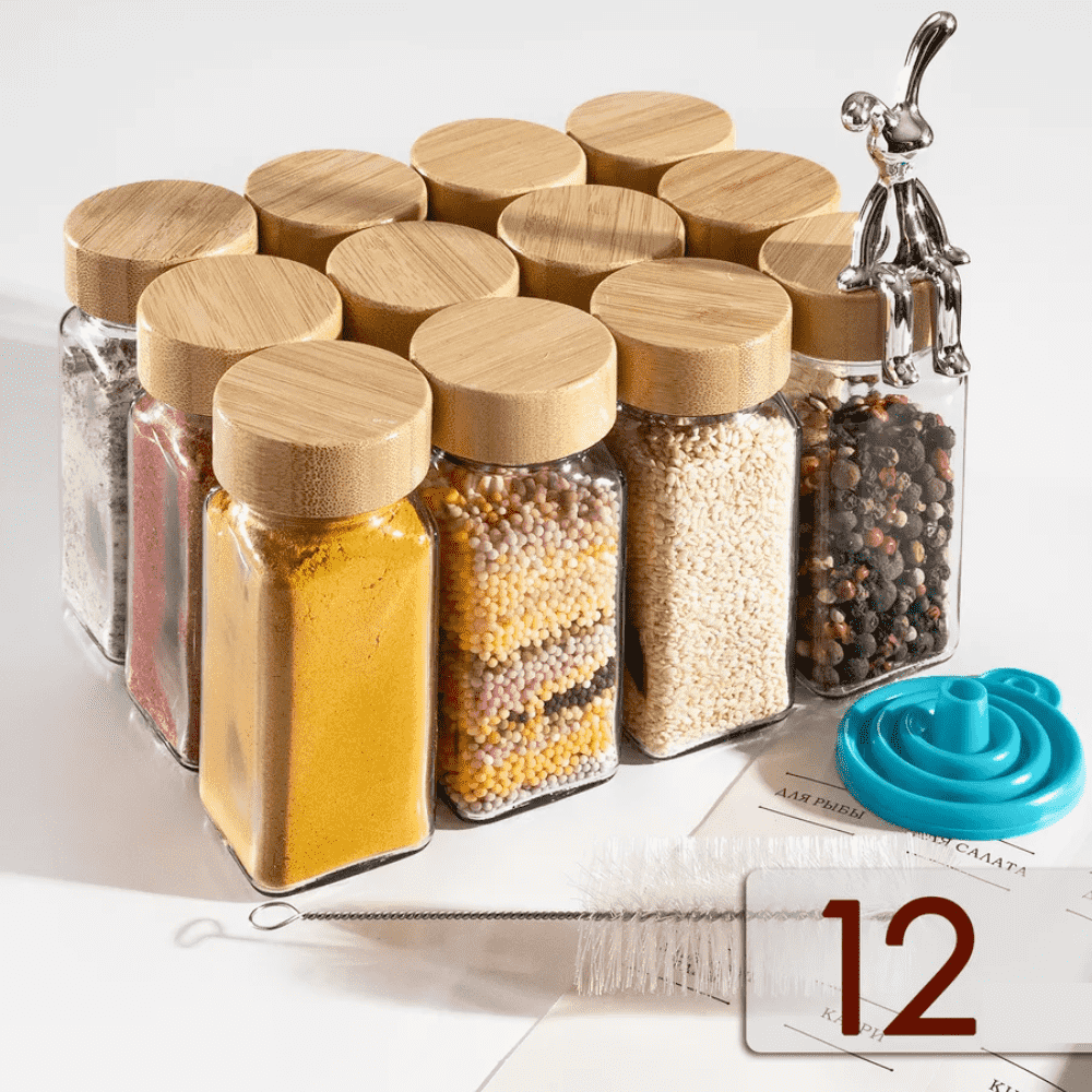 Set 12 sticlute condimente Koken,recipiente condimente 120 ml, capac etanș din bambus, Transparent