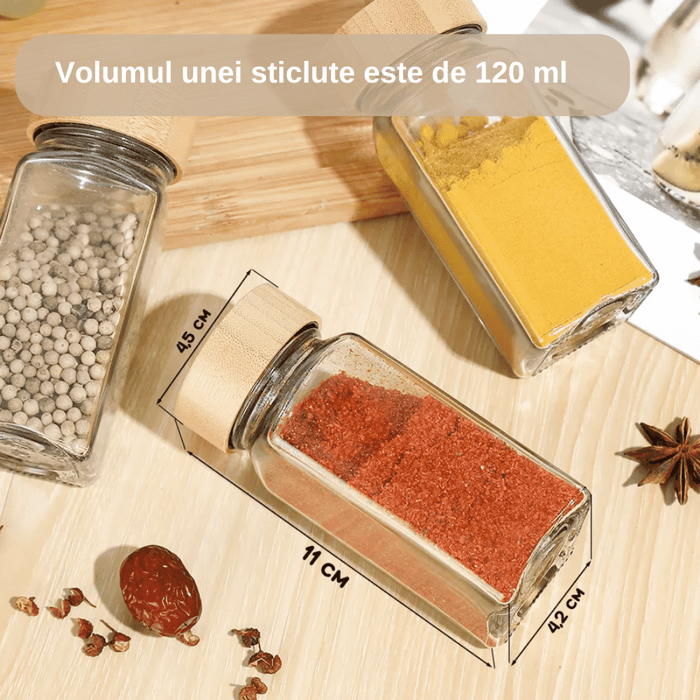 Set 12 sticlute condimente Koken,recipiente condimente 120 ml, capac etanș din bambus, Transparent